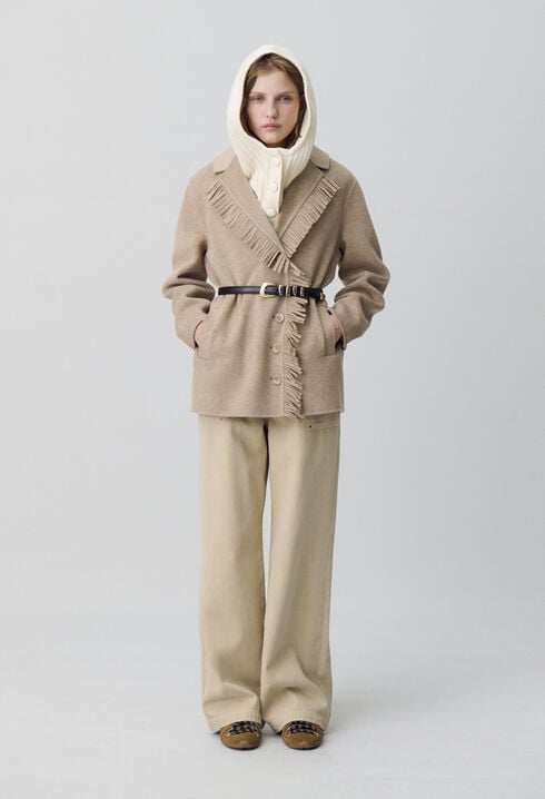 Manteau court laine franges