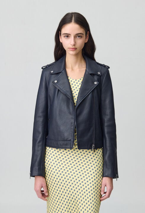 Veste cuir grainé bleu marine