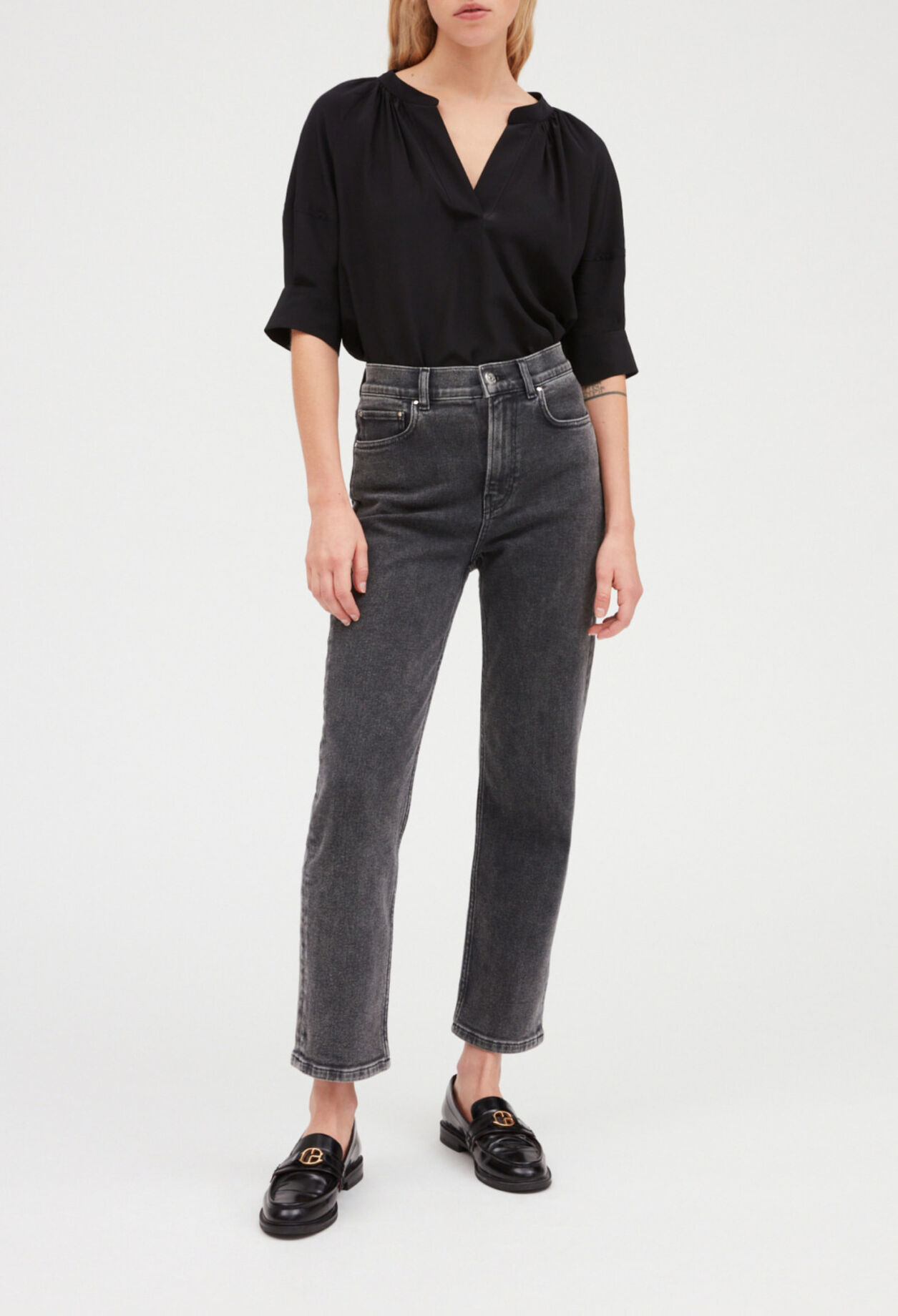 Black silk short sleeve blouse