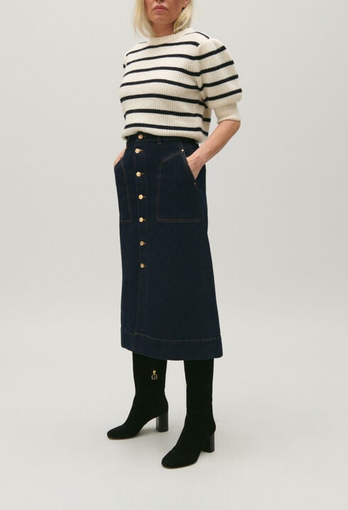 Blue denim midi skirt