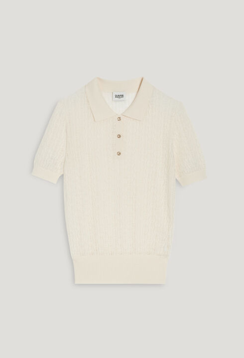 Ecru fine-knit polo collar jumper