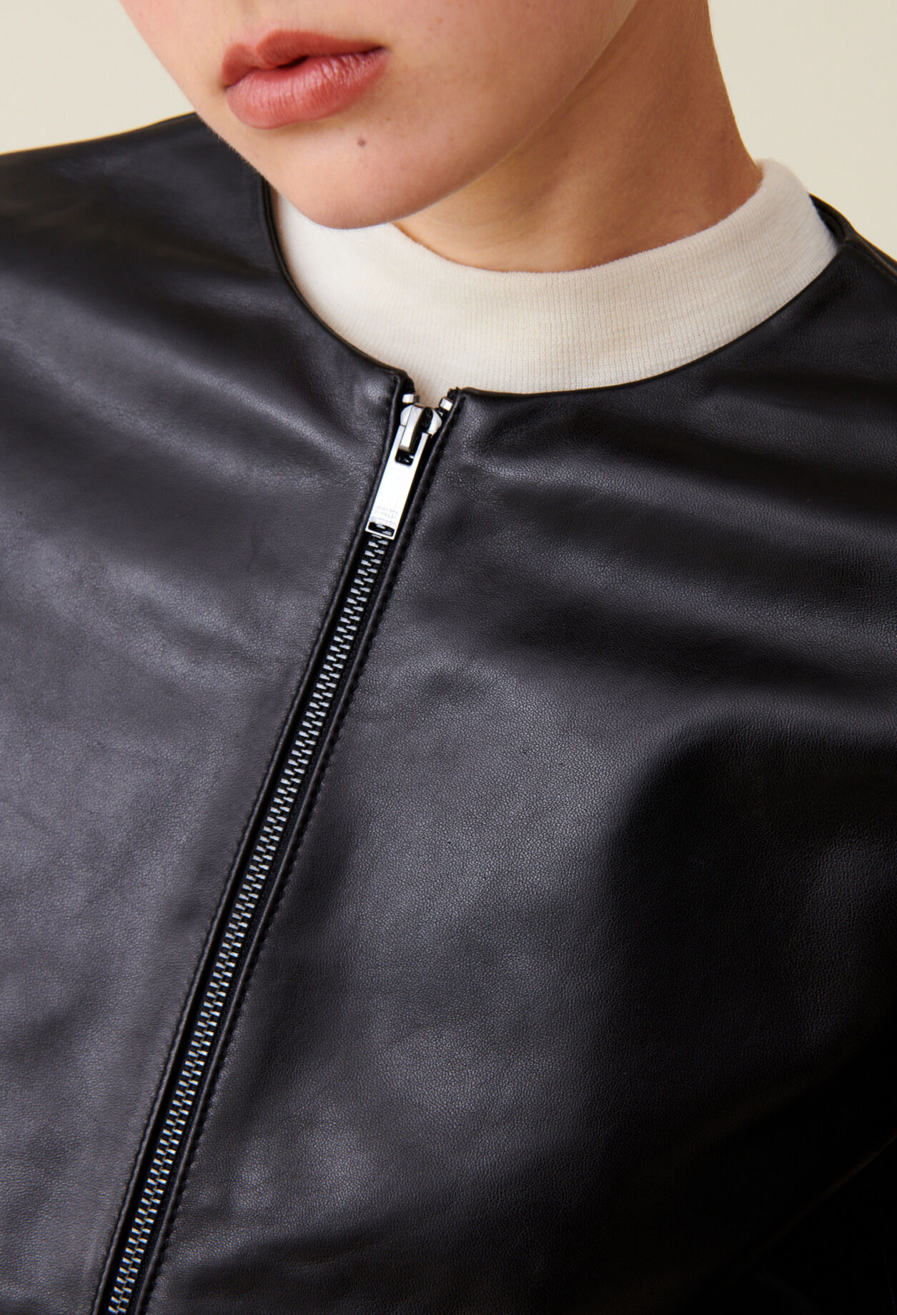 Short Round Neck Leather Jacket