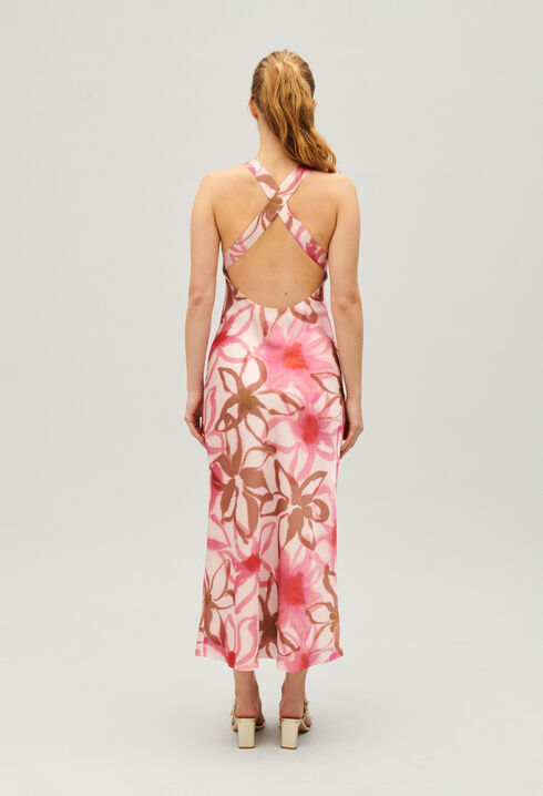 Long printed satin-effect dress