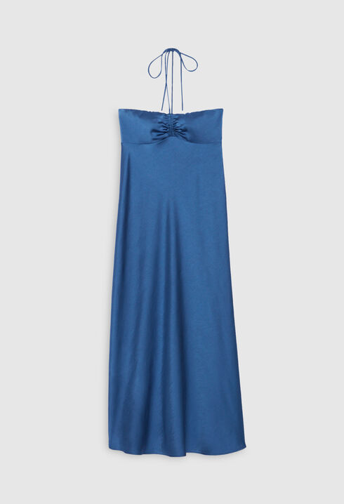 Long blue strapless dress