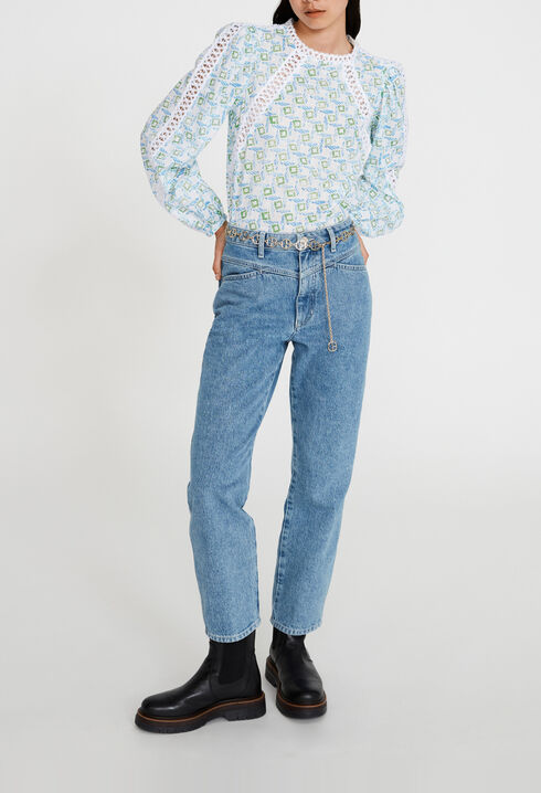 Chemise bleue imprimée à galons dentelle