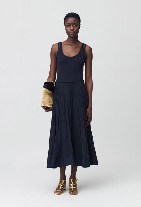 Robe longue plissée marine