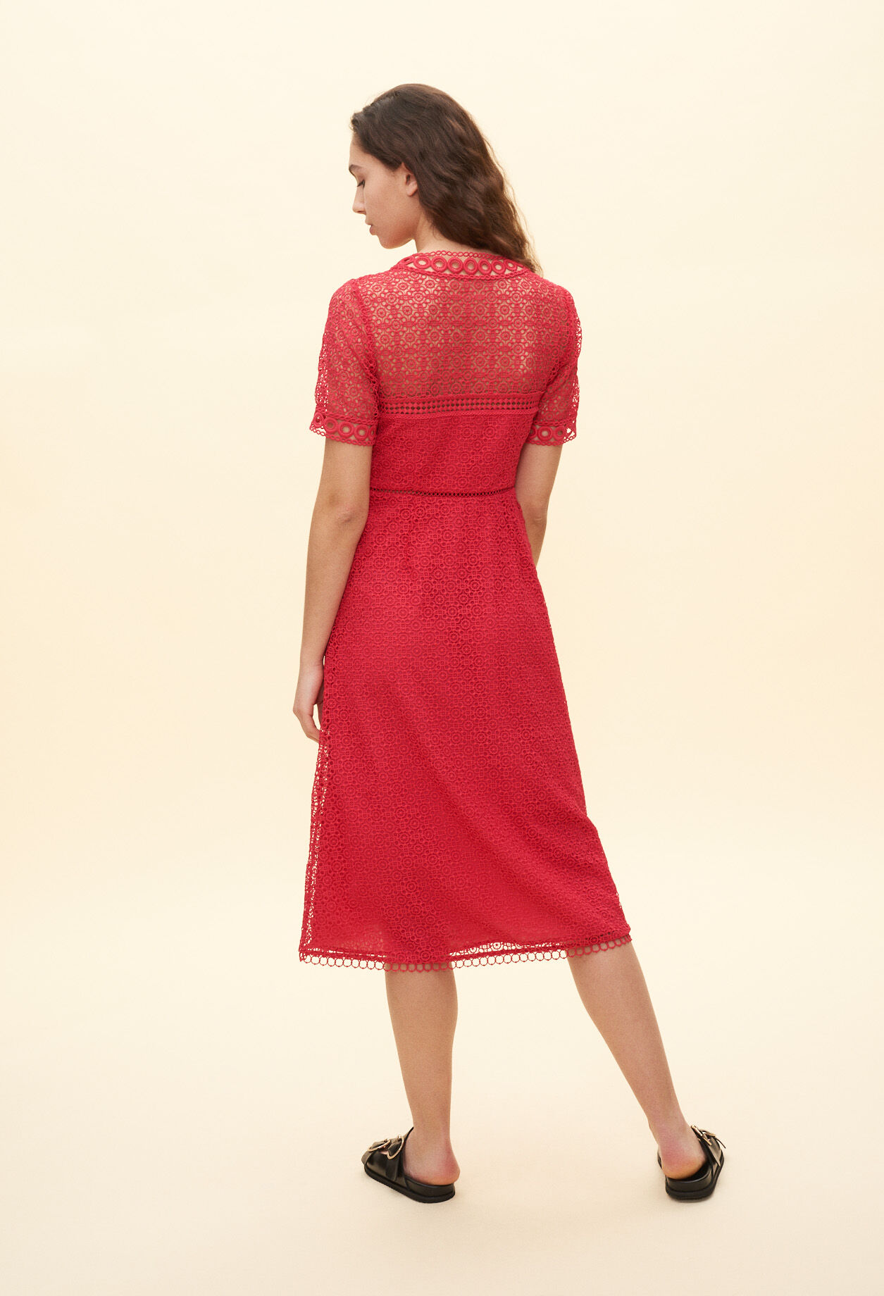 Long dress with red lace pattern