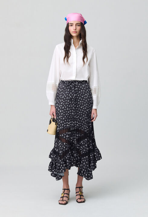 Asymmetric Floral Pleated Skirt