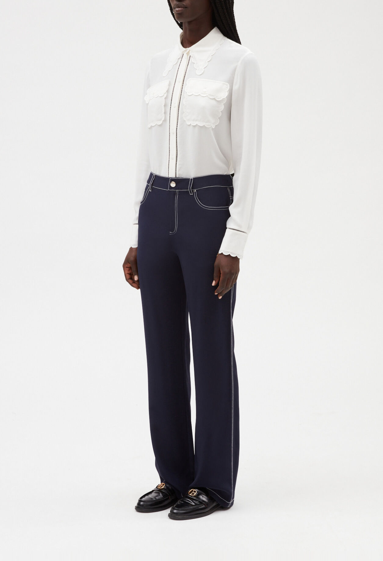 Pantalon droit long soie bleue