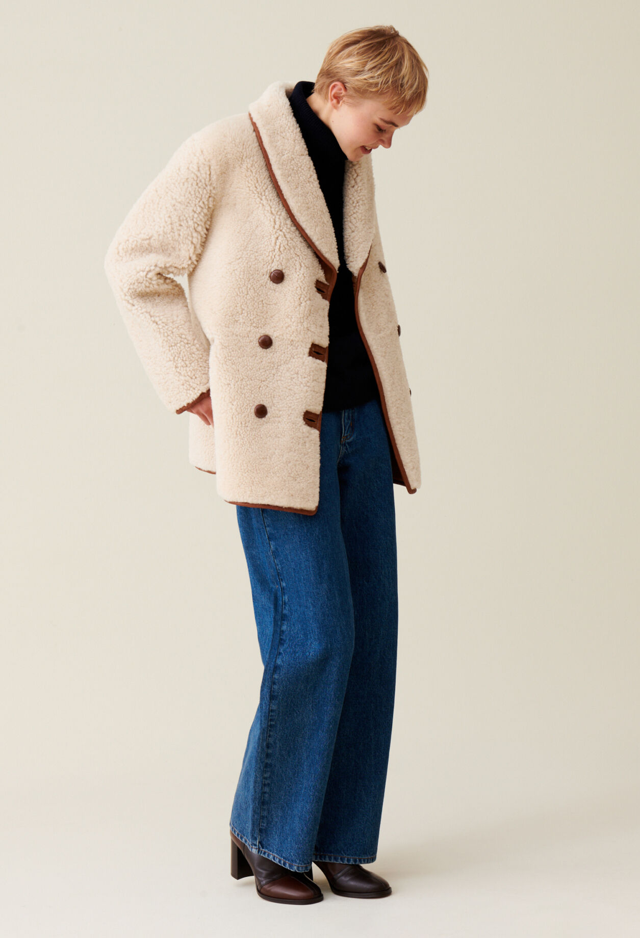 Manteau reversible peau lainee ecru