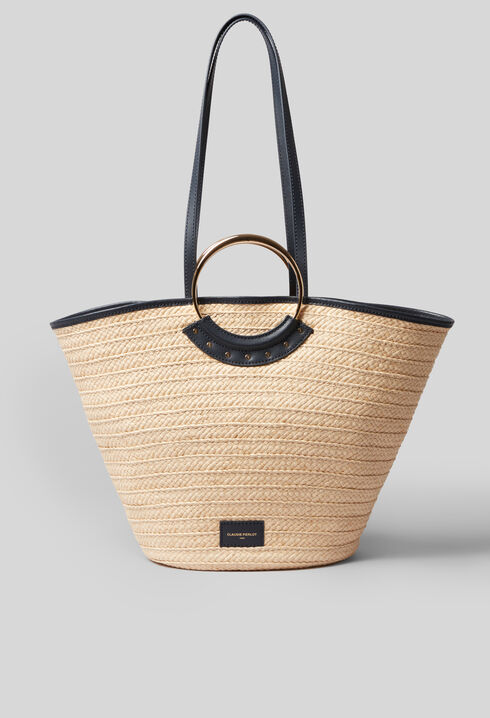 Braided raffia basket with handles