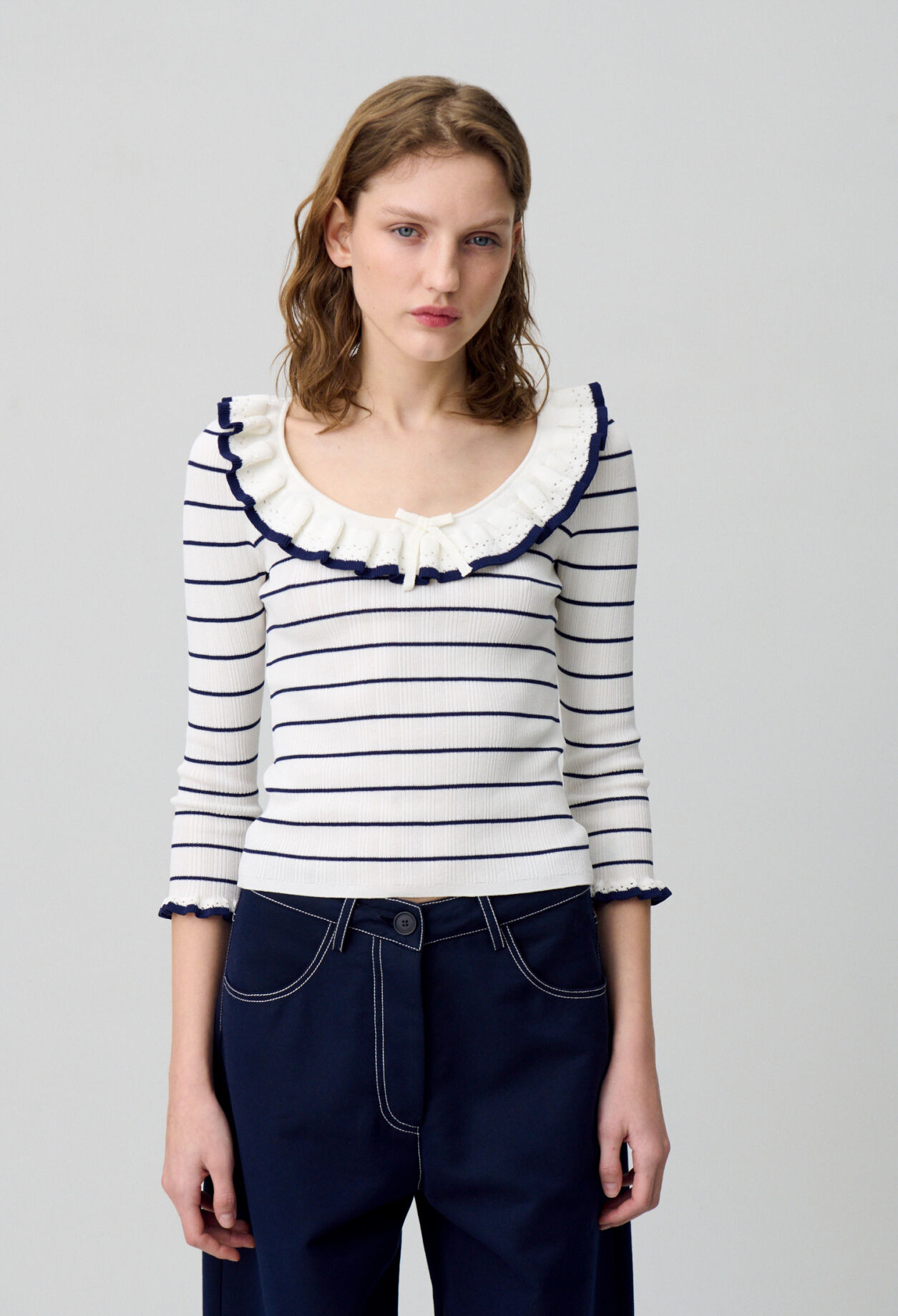 Striped frill knit top