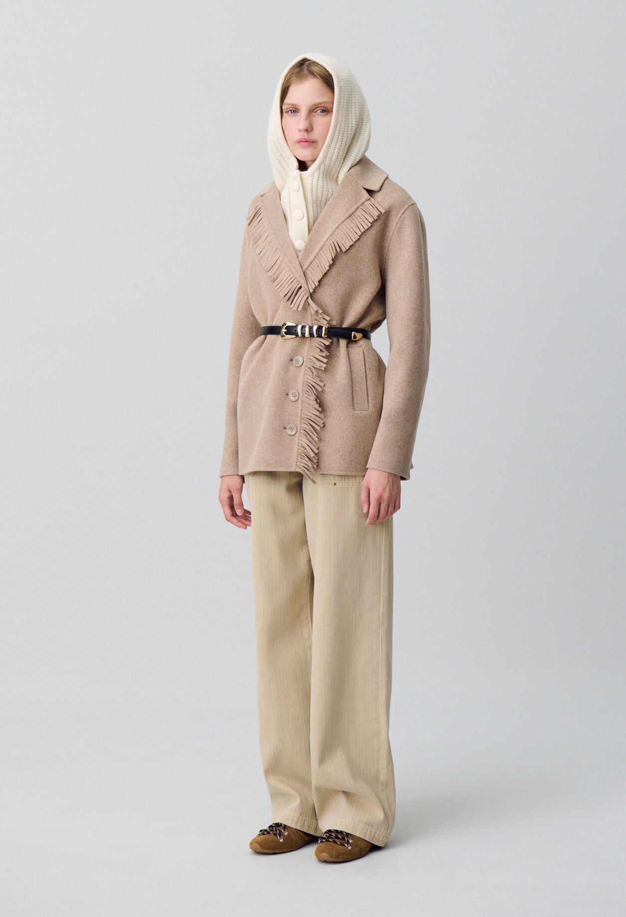 Manteau court laine franges