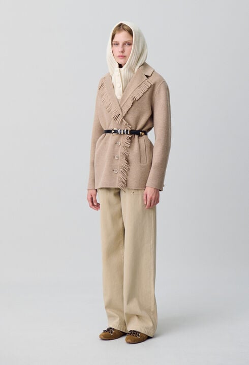 Manteau court laine franges