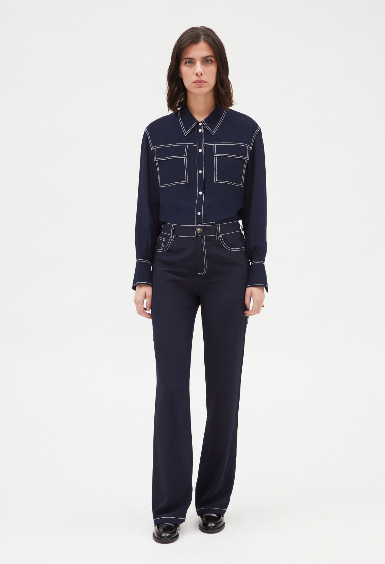 Blue silk long-sleeved shirt