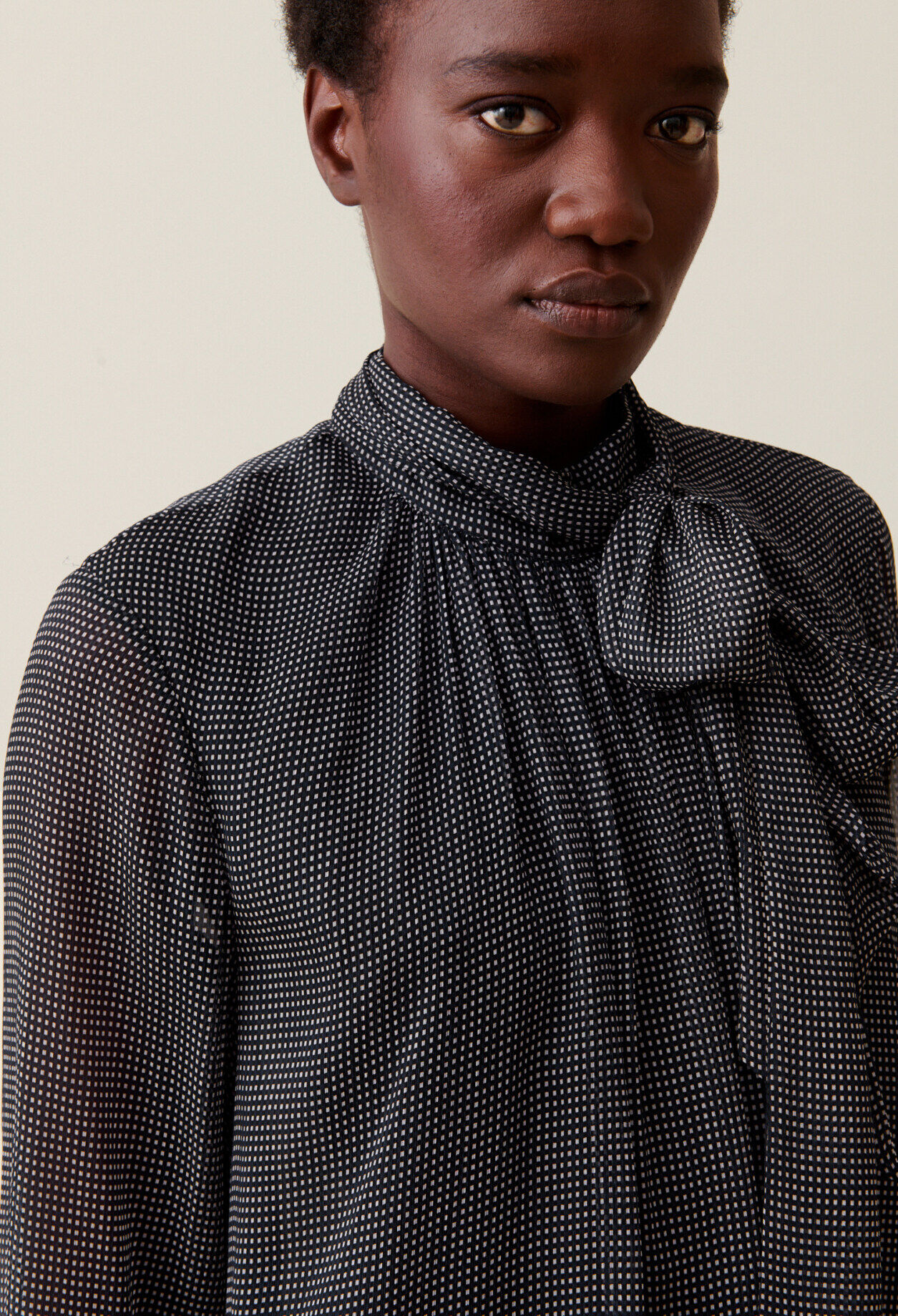 Fluid Check Tie-Neck Blouse