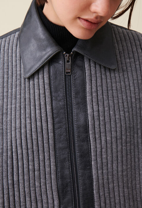 Grey mixed-material leather bomber