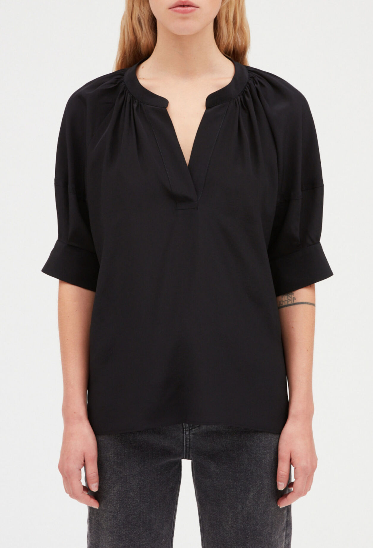 Black silk short sleeve blouse