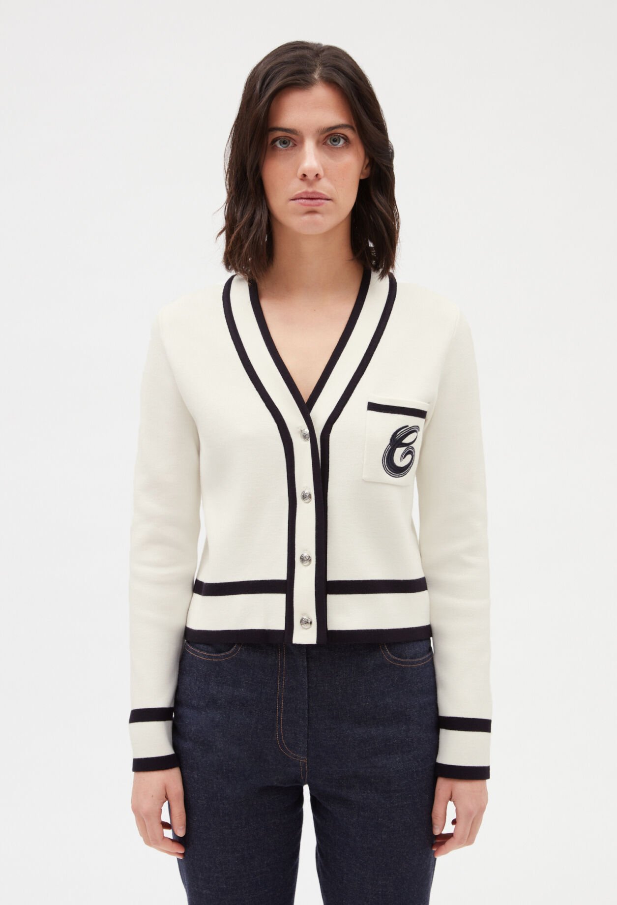 Cardigan bicolore poche brodée