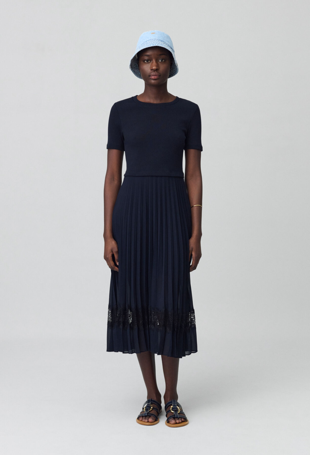Black and navy bi-material dress 