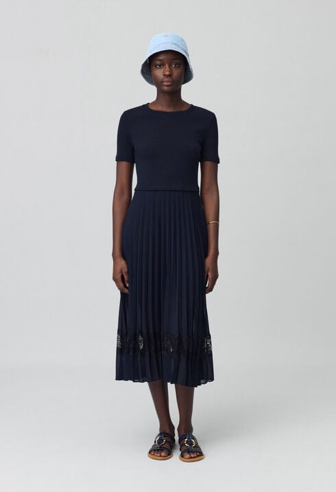 Robe midi bi-matière noire et marine 
