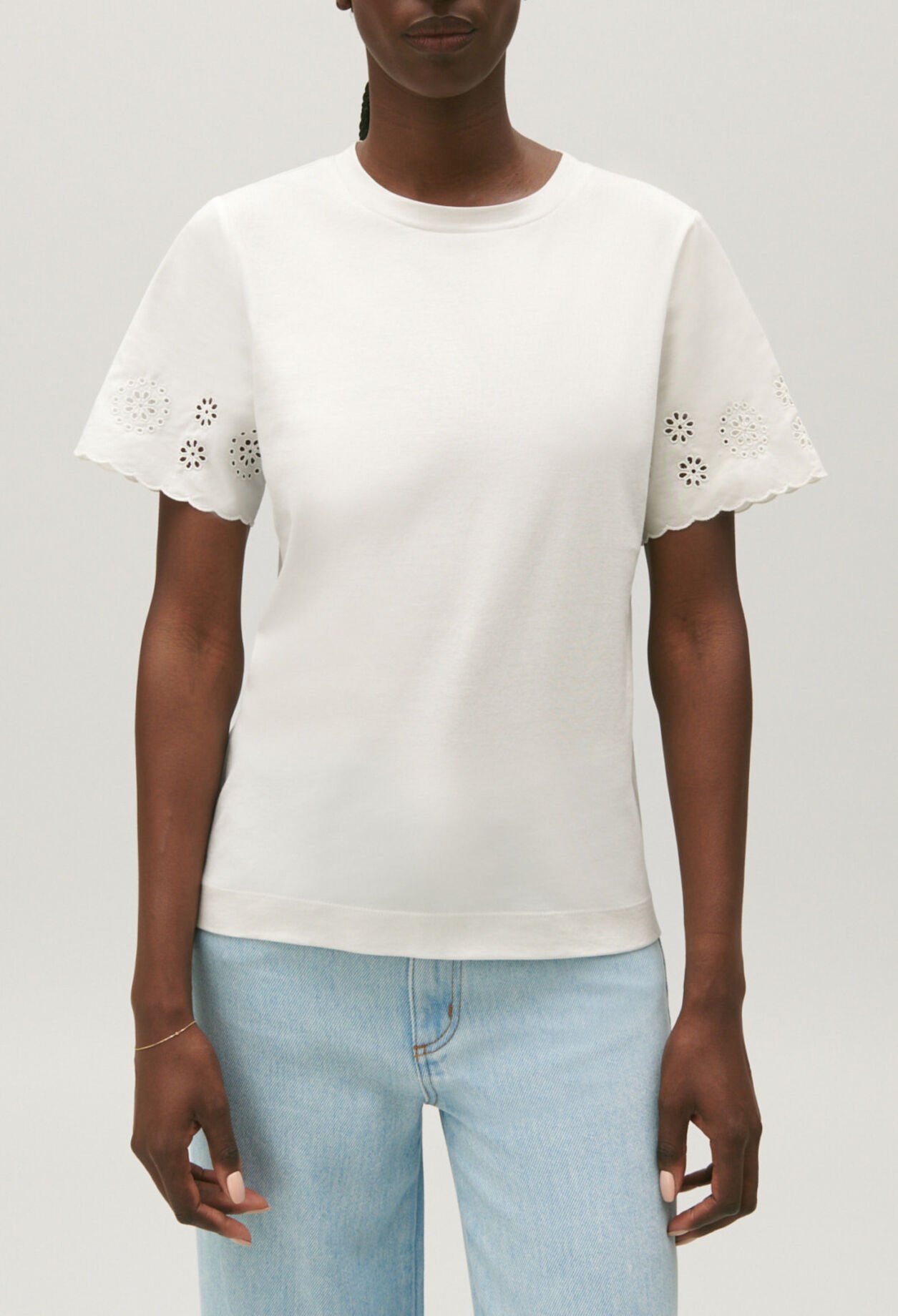Ecru cotton broderie anglaise T-shirt