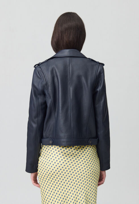 Veste cuir grainé bleu marine