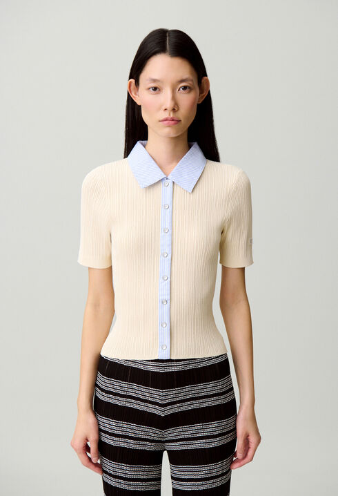 Striped bi-material cardigan