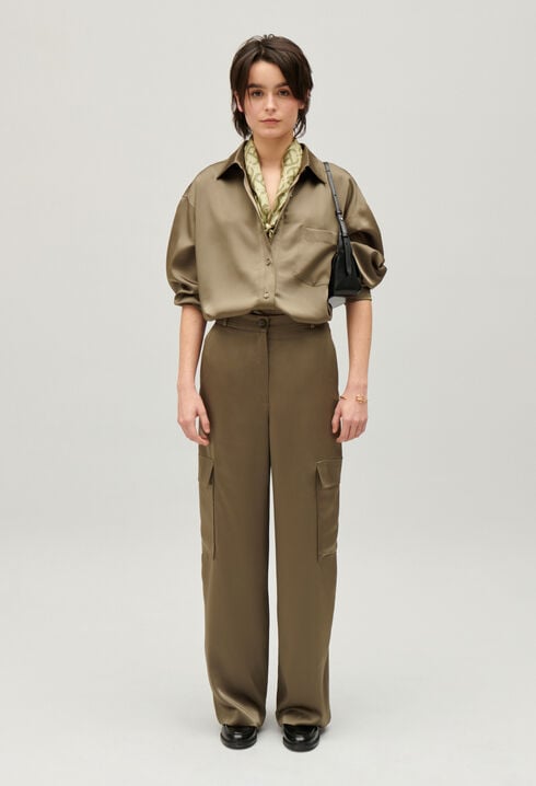 Khaki satin-effect floaty cargo trousers