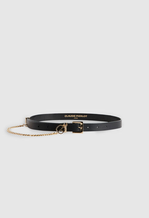 Black leather belt with chain