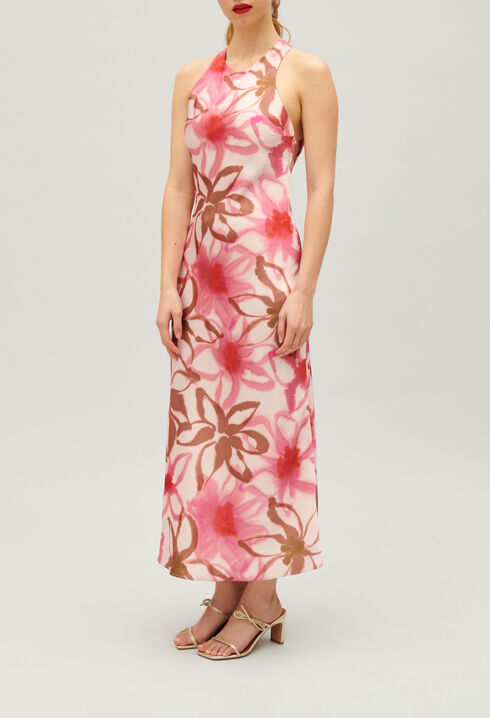 Long printed satin-effect dress