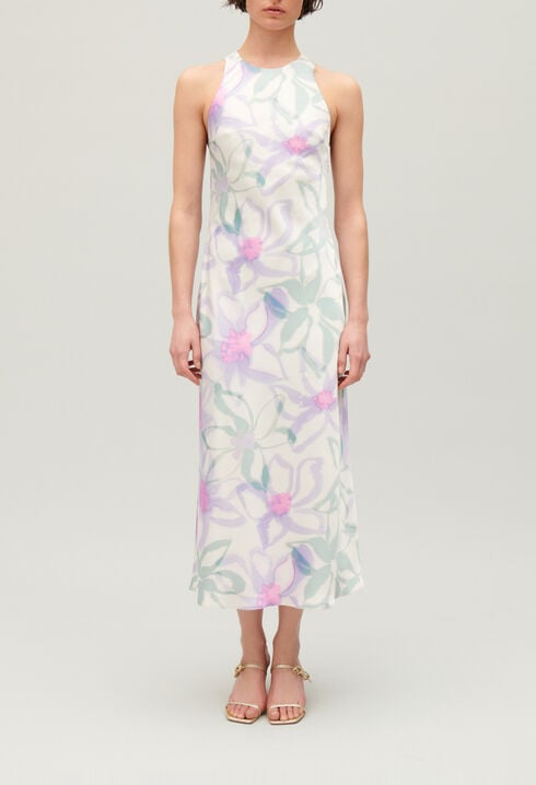 Robe longue satinée imprimée