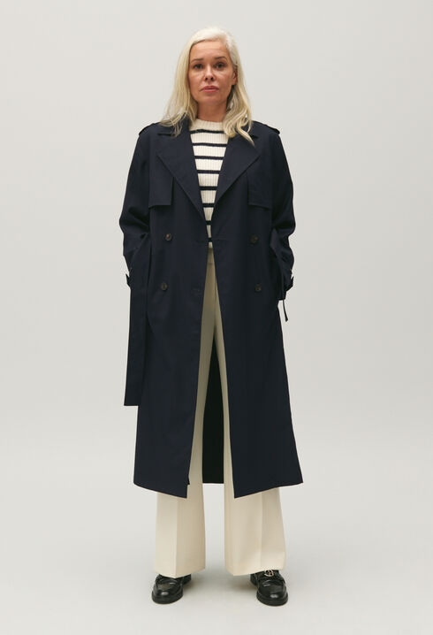 Long navy blue trench coat