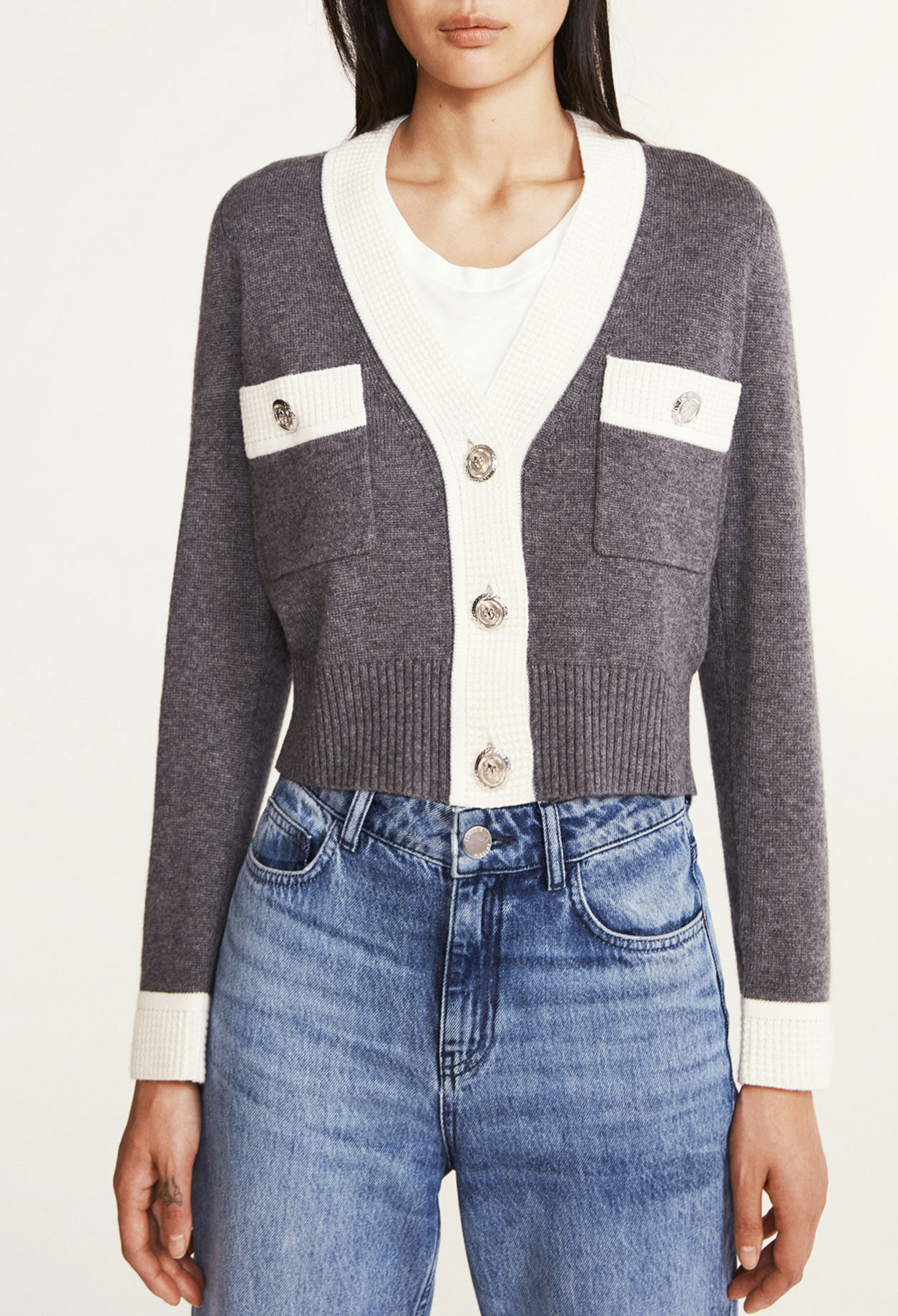 Cardigan bicolore en laine et cachemire