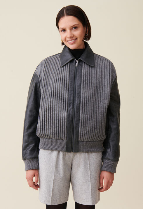 Grey mixed-material leather bomber
