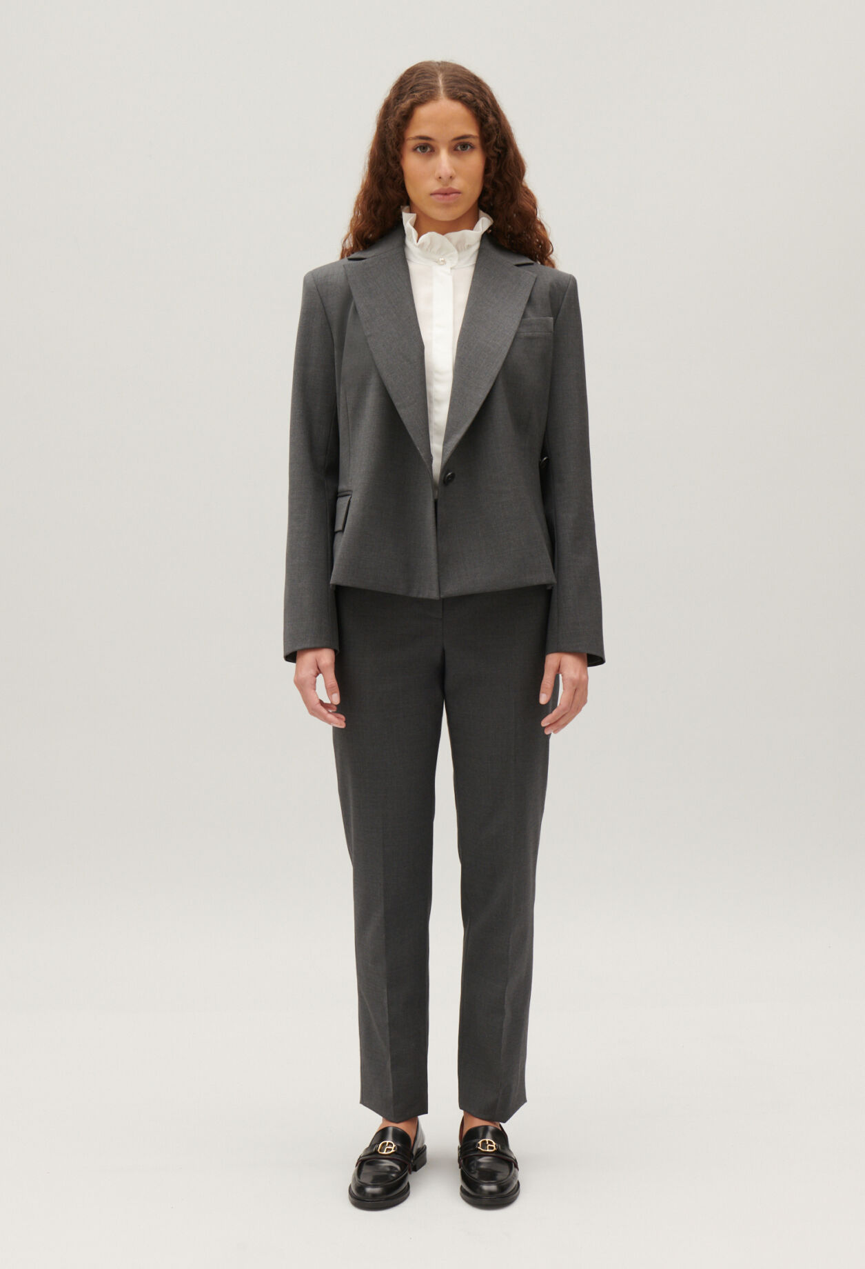 Veste tailleur cache-cœur gris chiné