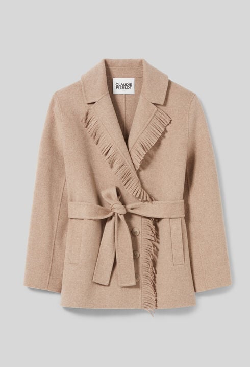 Manteau court laine franges