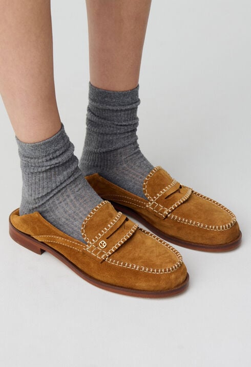 Mules suède monogramme doré