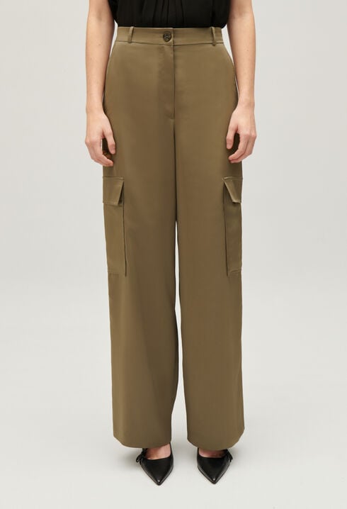 Khaki satin-effect floaty cargo trousers