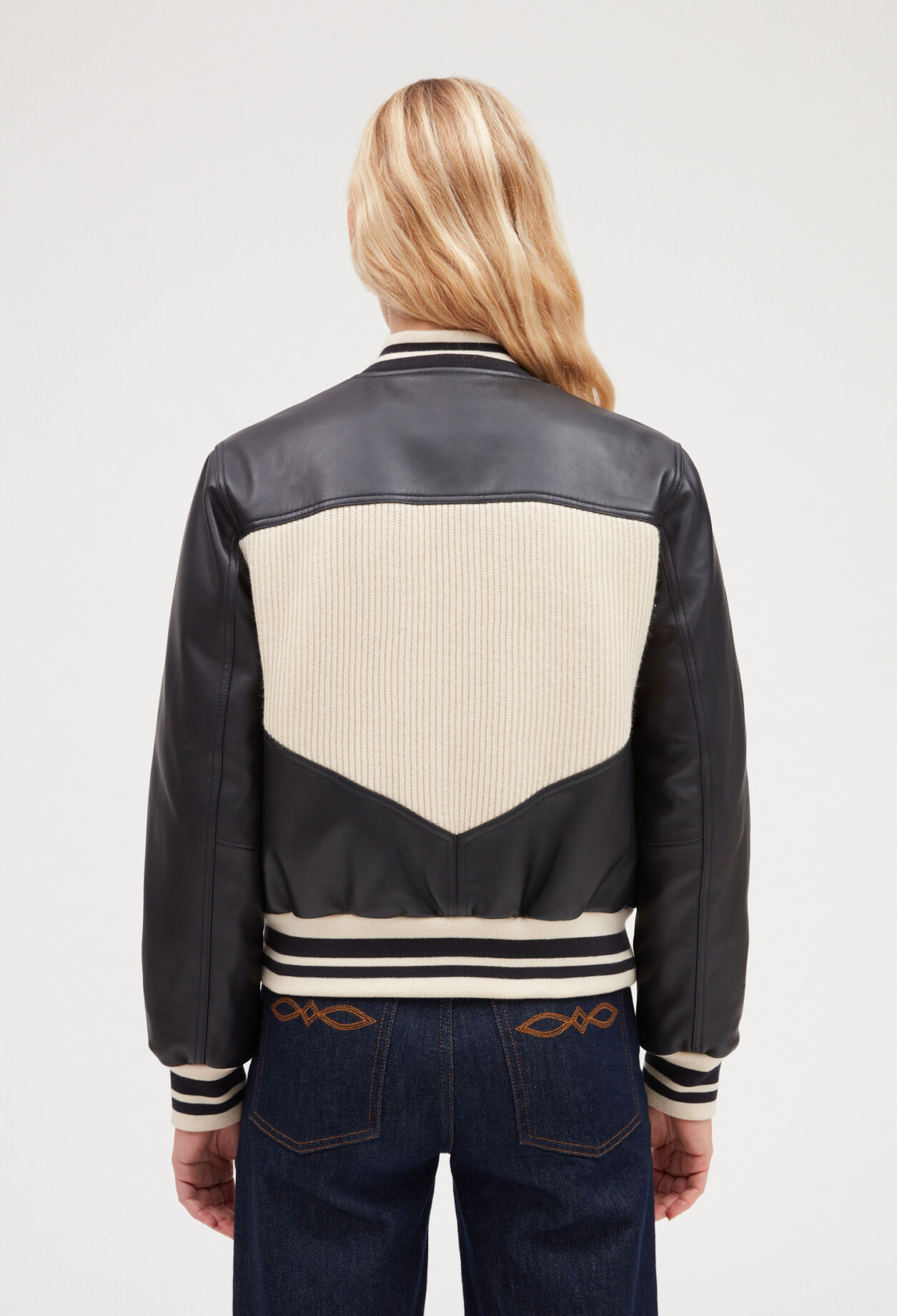 Two tone leather and knit jacket