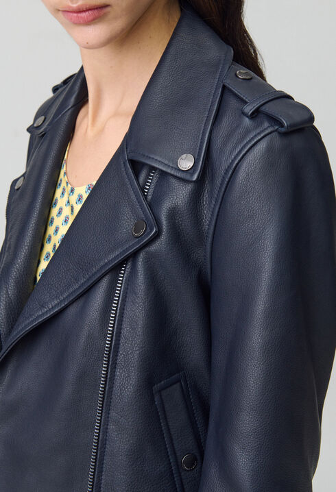 Veste cuir grainé bleu marine