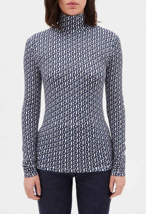 T-shirt col roulé monogramme bleu 