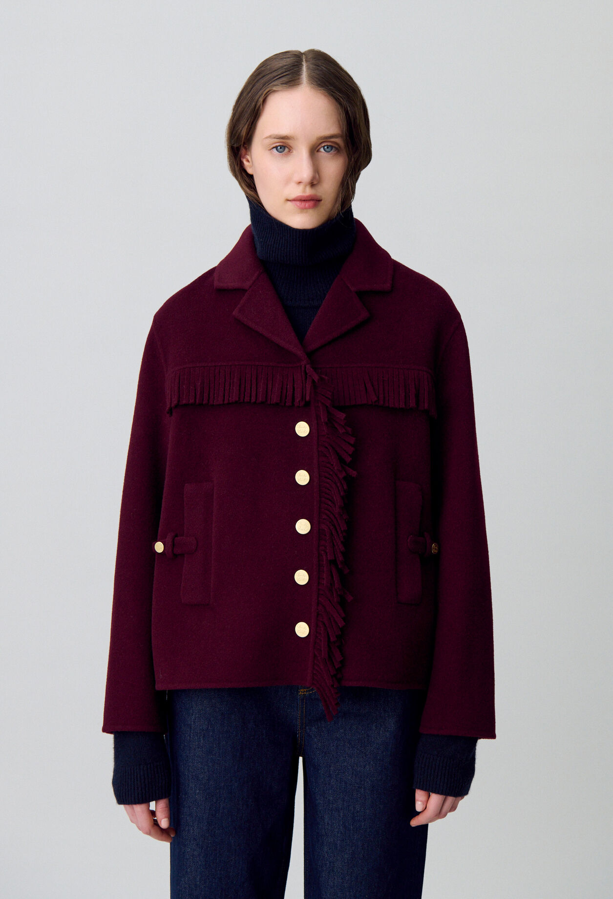 Short Wool Coat with Fringes