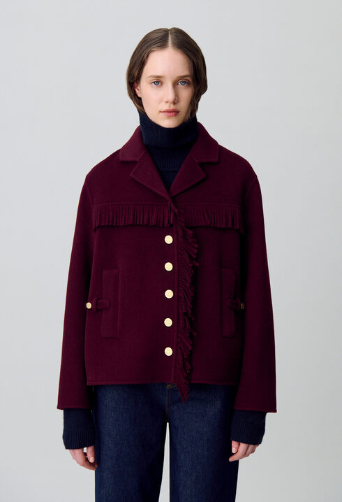 Manteau court laine franges