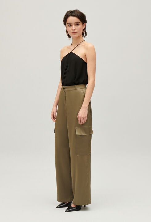 Khaki satin-effect floaty cargo trousers