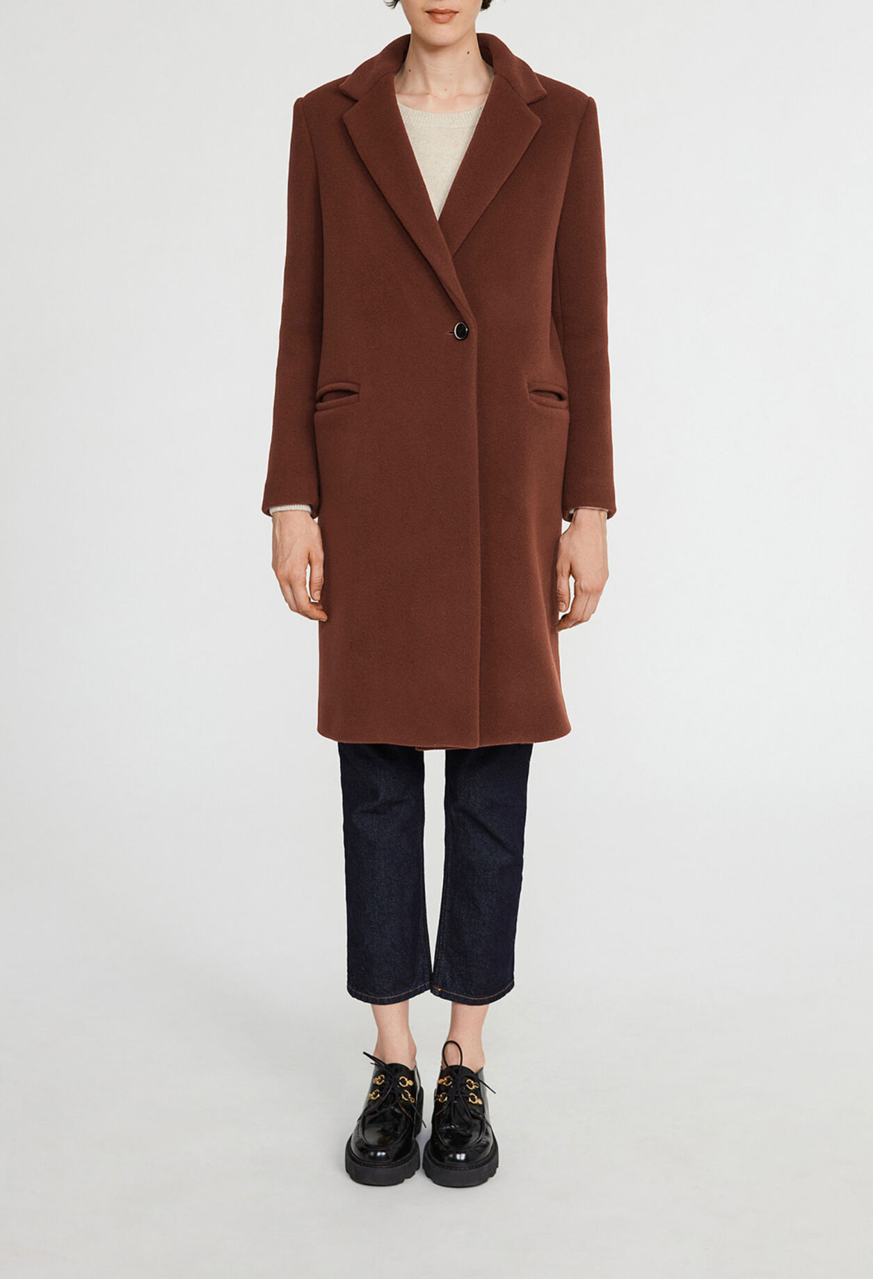 Manteau marron mi-long laine mélangée