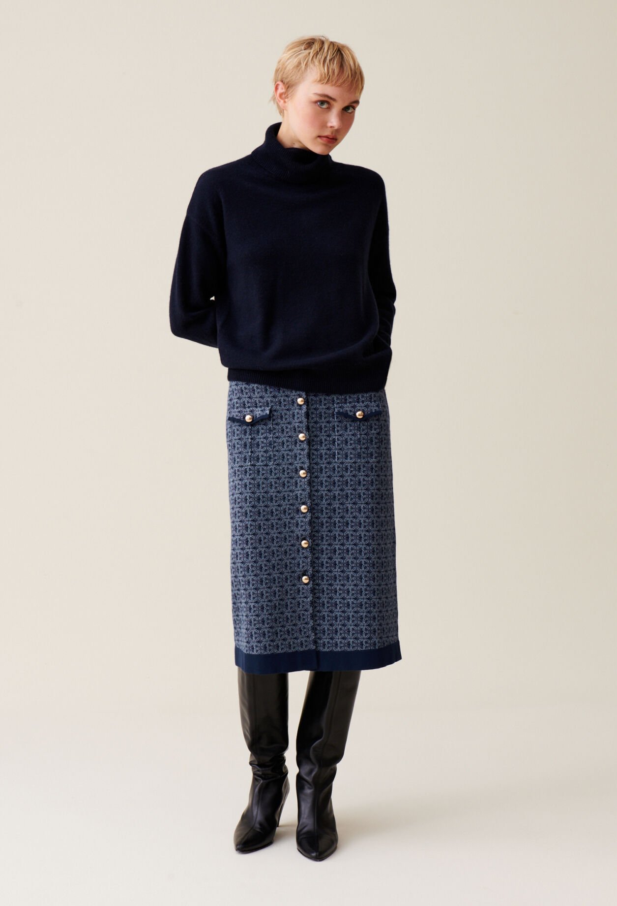 Navy high waisted monogram skirt for women Claudie Pierlot
