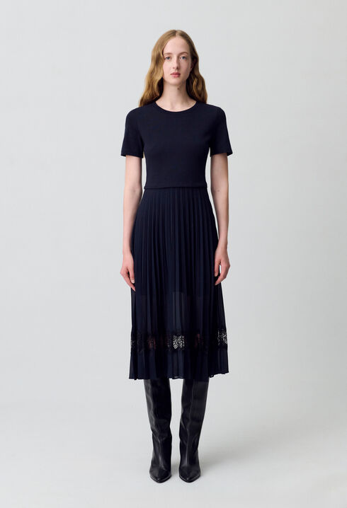 Robe midi bi-matière noire et marine 