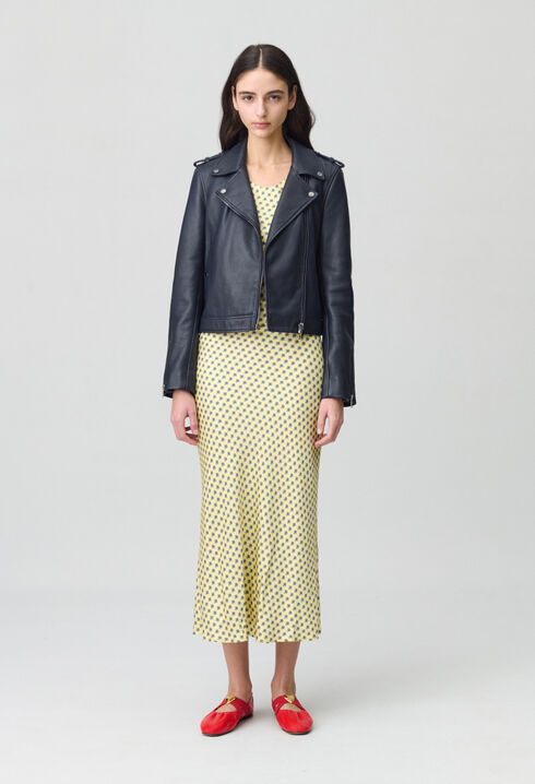 Veste cuir grainé bleu marine