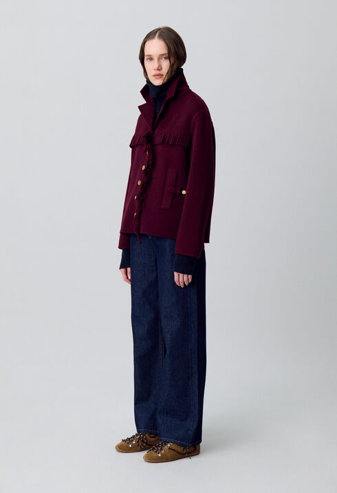 Manteau court laine franges